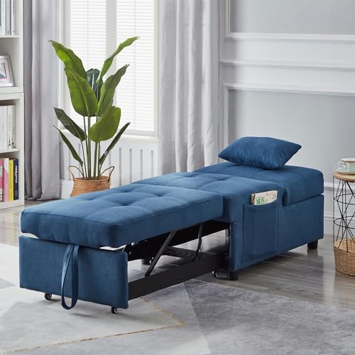 Blue Linen Fabric Convertible Sofa Chair Bed with Pillow V402