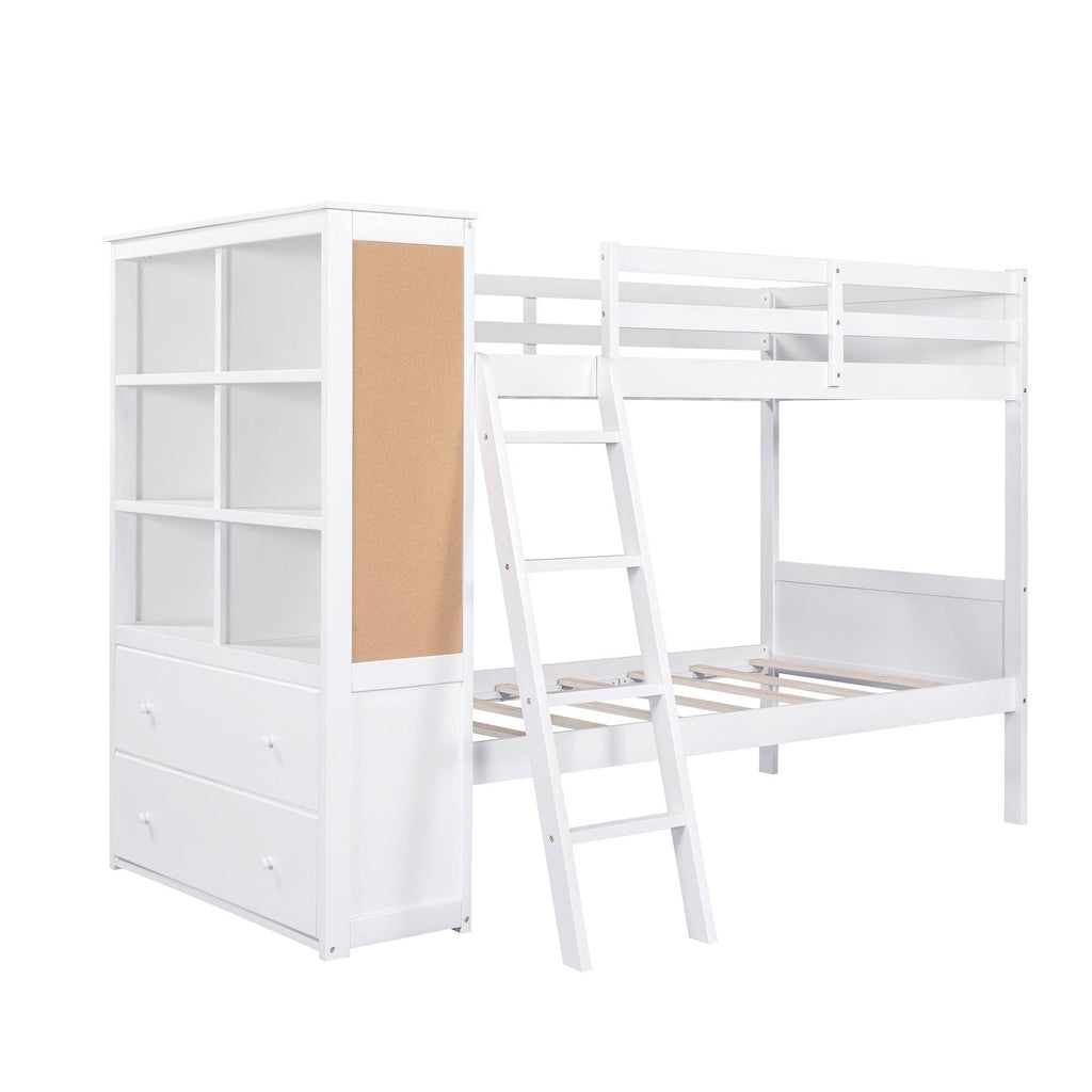 White Twin Over Twin Bunk Bed with Bookcase and 2 Drawers G8698