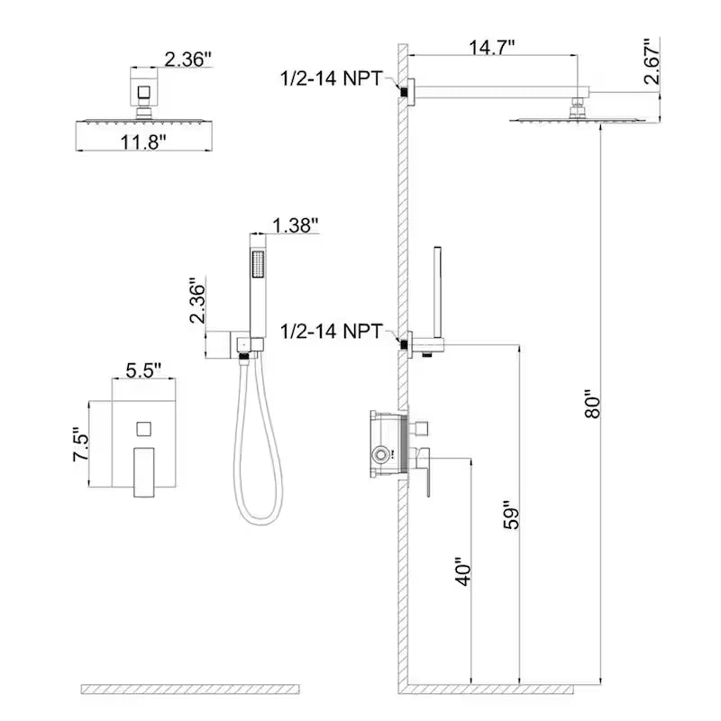 12 in. Wall Mount Dual Shower Head Hand Shower Faucet in Brushed Nickel U214589