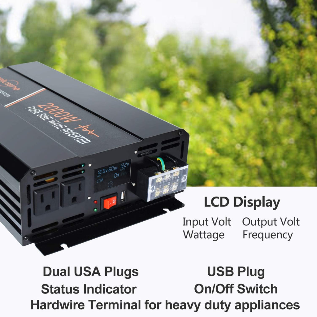 Power Inverter 2000 Watt Pure Sine Wave 24v DC to AC 120v Peak 4000 Watt with LCD Display USB Charge Port V288957