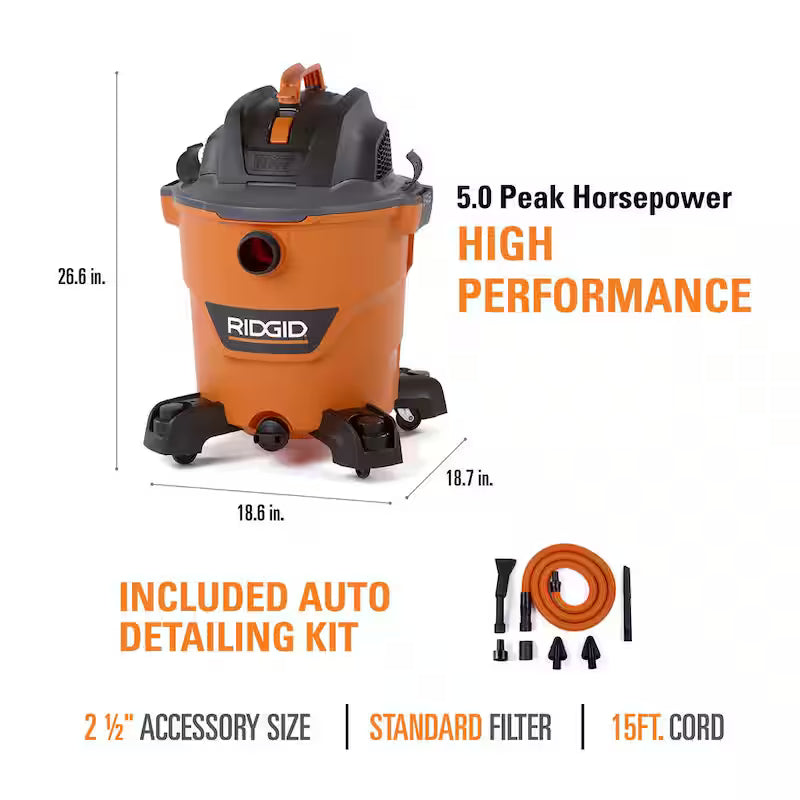 12 Gallon 5.0 Peak HP Wet/Dry Shop Vacuum with Hose and Accessories U613