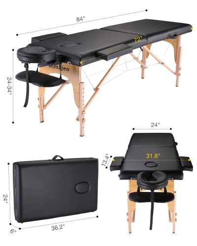 Portable Massage Table Wooden Frame Height Adjustment Black 3-Section T5266