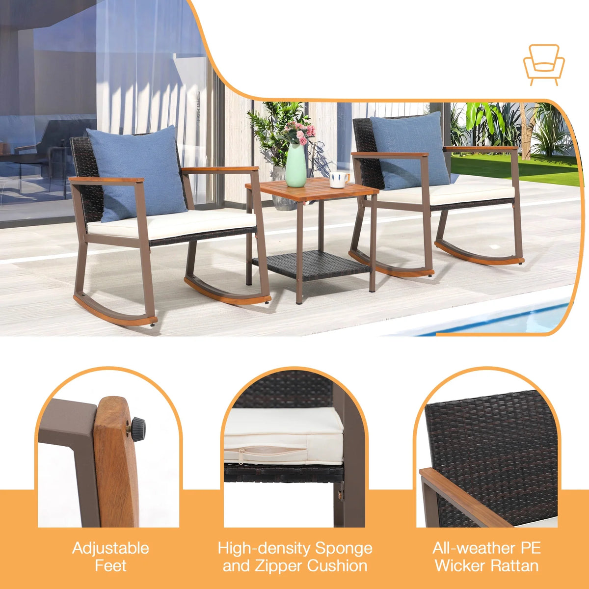 3 Piece Wicker Patio Bistro Set with Coffee Table and Cushions Y787410