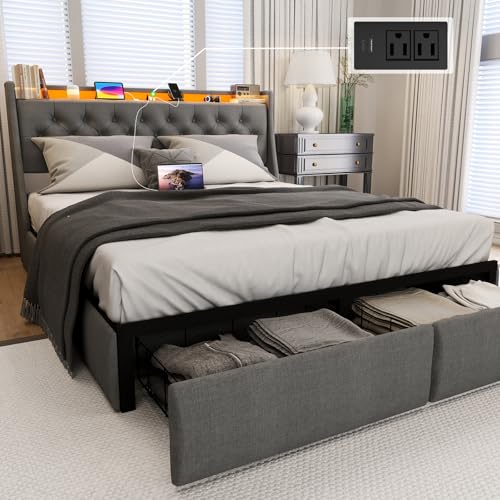 Gray Full Size Upholstered Bed Frame with 4 Storage Drawers and LED Lights N55373