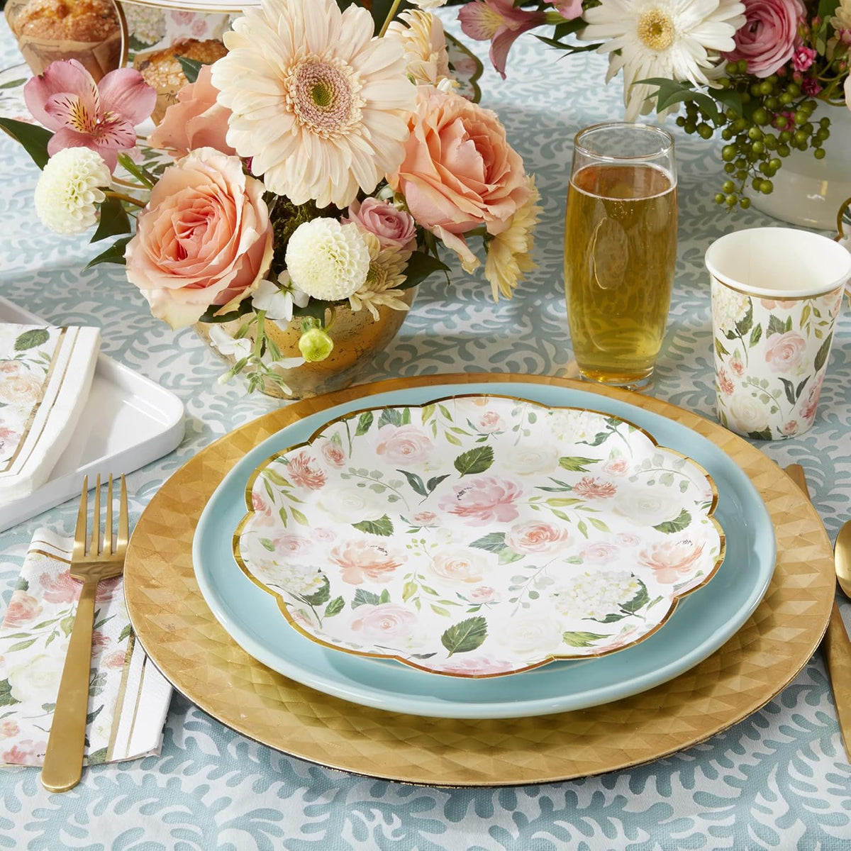 Pink Floral Paper Plates (Set of 16) and Paper Cocktail Napkins (Set of 30) L177