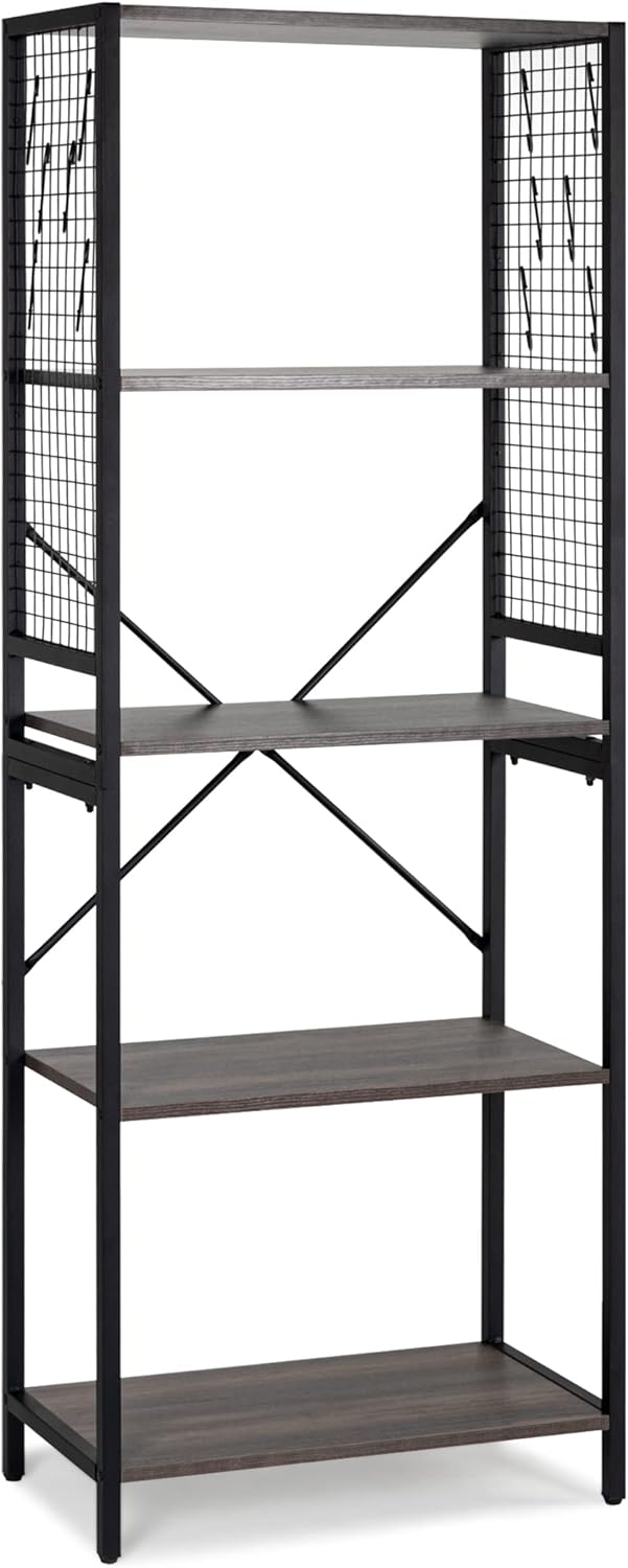 Black 5-Tier Industrial Bookshelf with 12 S-Shaped Hooks E402
