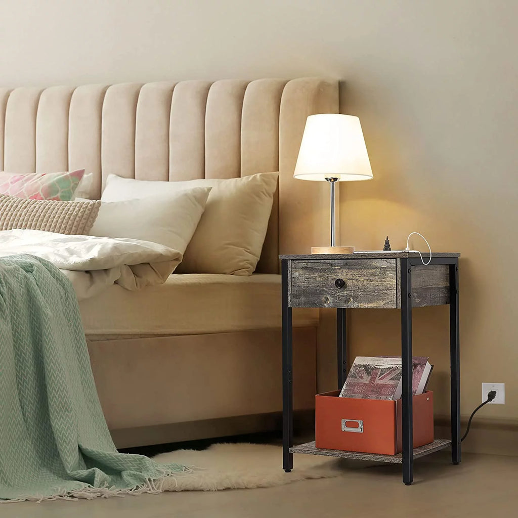 Gray Nightstand End Table with Charging Station and Drawer K57900
