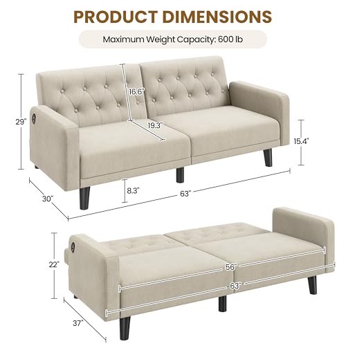 Beige Convertible Sofa Bed with USB Q129589