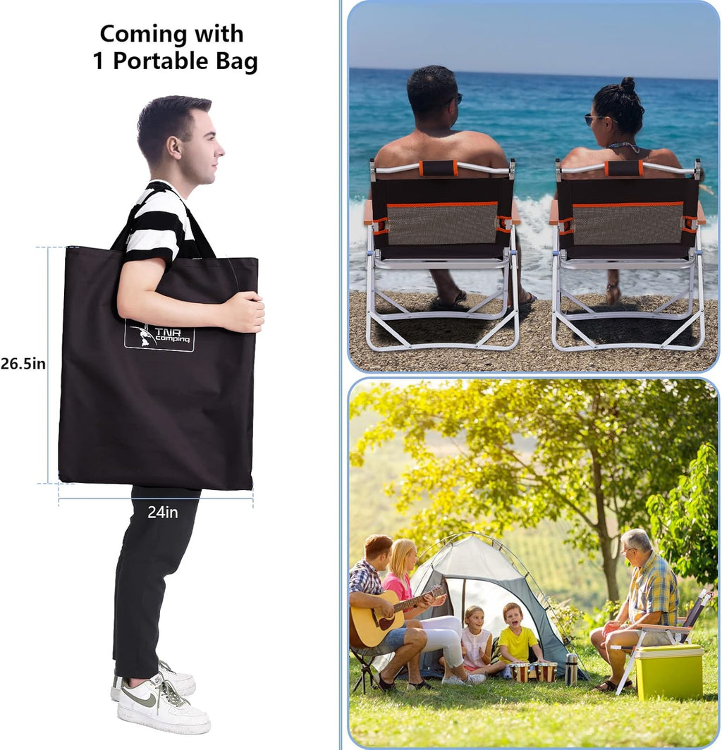 Camping Beach Chair, Heavy Duty Triangular Frame, Easy Folding with Portable Bag and Back Pocket, Dark Brown V650