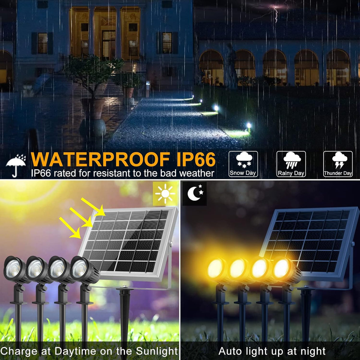 4-in-1 Solar Landscape Lights, IP66 Waterproof, 2700K/4000K/6000K H68288