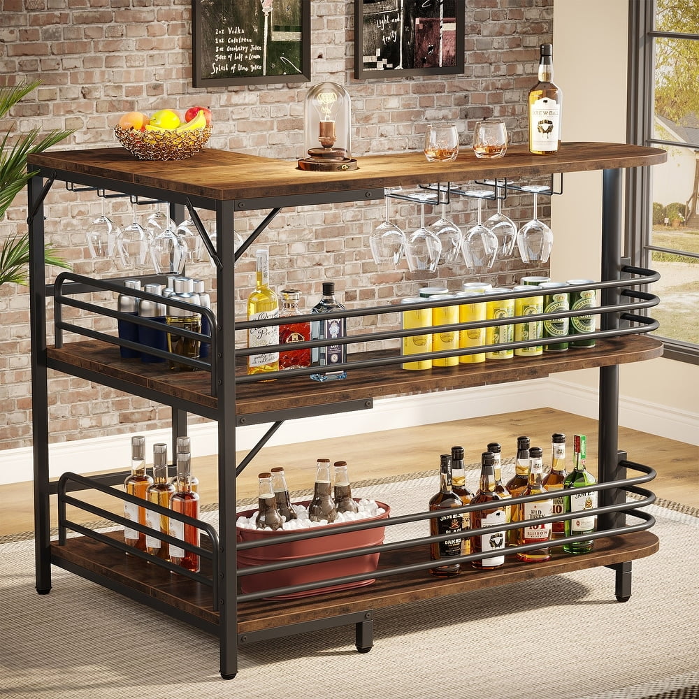 L-Shaped 3 Tier Liquor Bar Table with Storage Shelves and Wine Glasses Holder W468