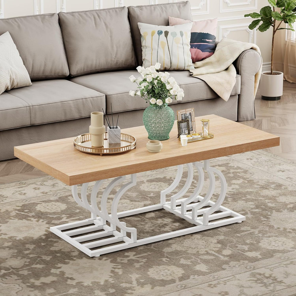 47 Inch Rustic Coffee Table with Geometric Frame R718182