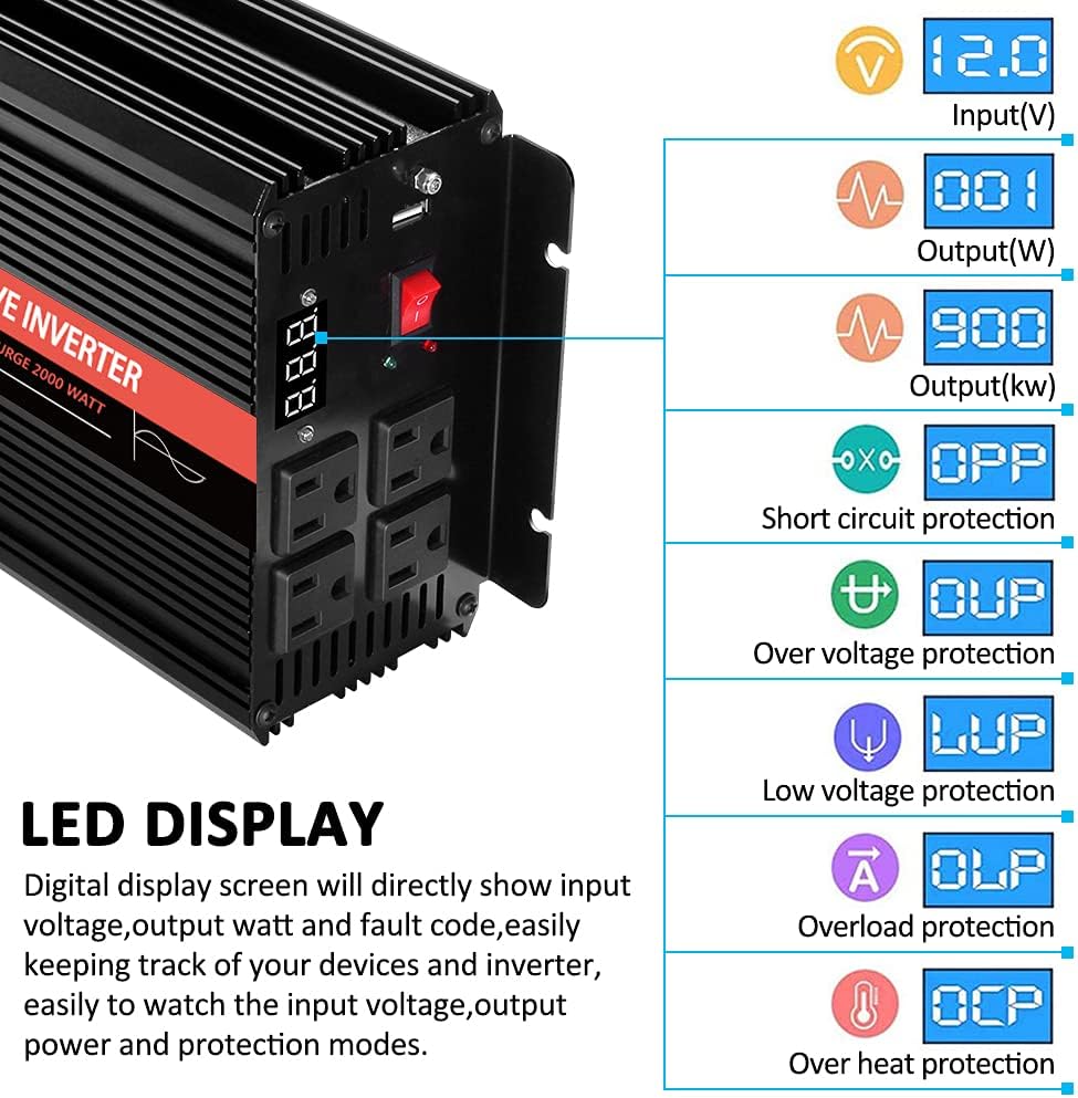 2000 Watt 12V DC to 110v/120v AC Power Inverter with 4 AC Outlets and USB Output Y968791
