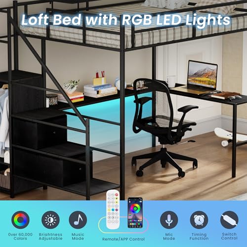 Full Size Black Metal Loft Bed with Desk and Stairs R910491
