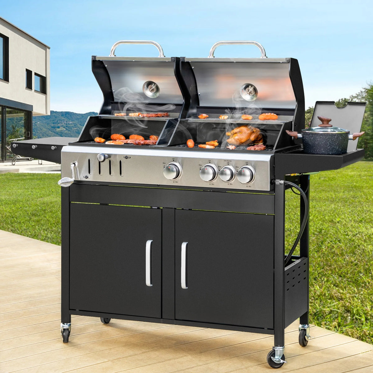 Dual Fuel Gas and Charcoal Grill Combo with Side Burner R643