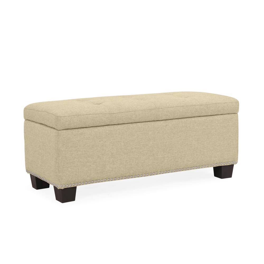 Creamy Tan Textured Linen-Like Fabric Button Tufted Storage Ottoman A1882