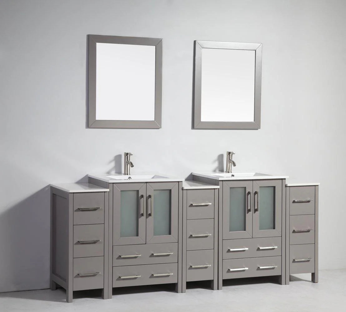 84 in. Grey Double Sink Ceramic Vanity Cabinet with Mirror K8129