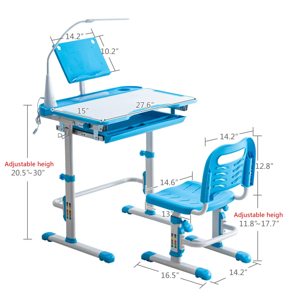 Height Adjustable Wood Kids Desk and Chair Set with Led Light and Bookstand S57254