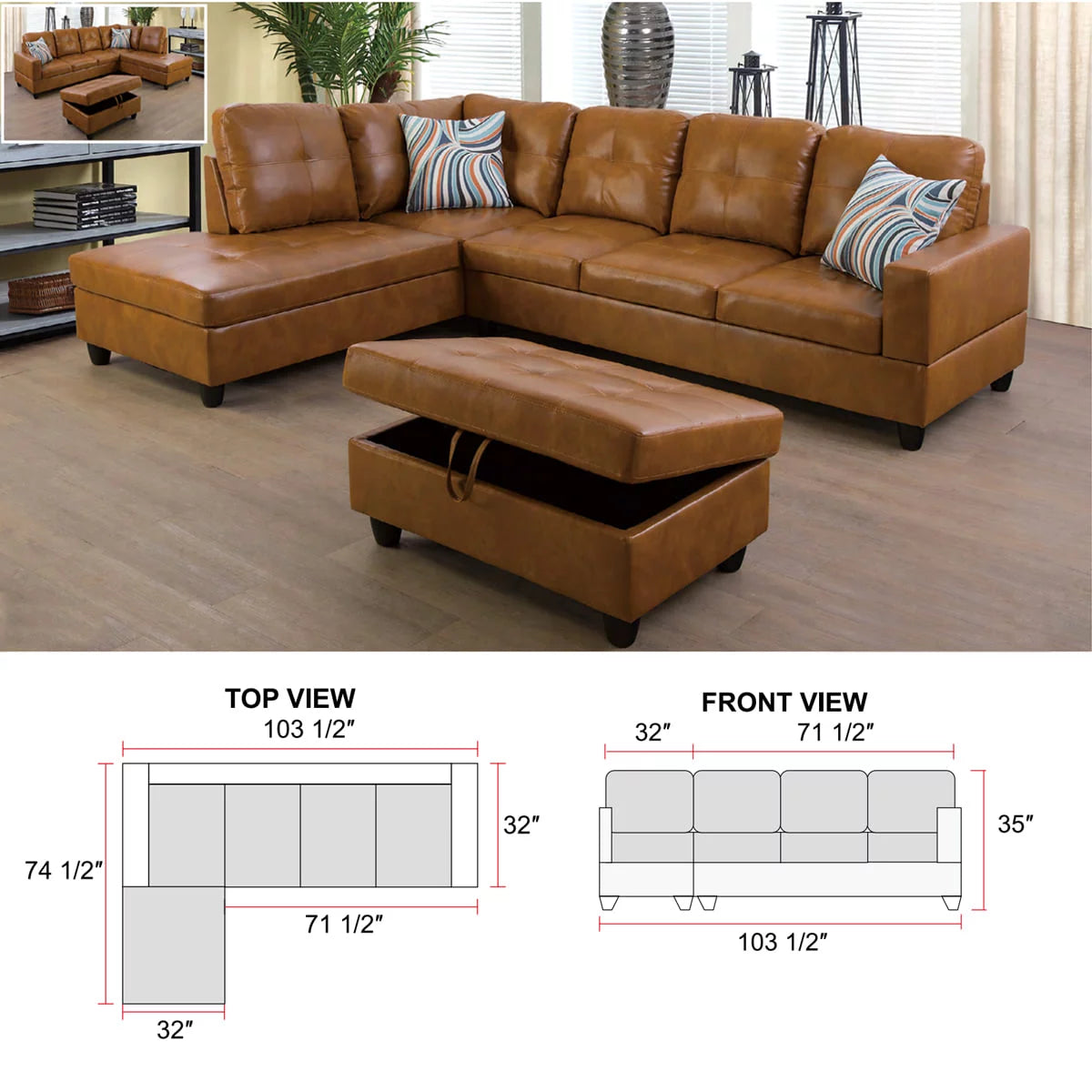 Ginger Leather Sectional Sofa Set with Storage Ottoman G7685