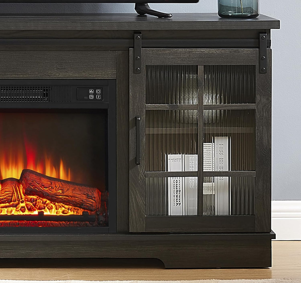 Charcoal Grey Fireplace TV Stand with Storage Drawers and Sliding Door M5762