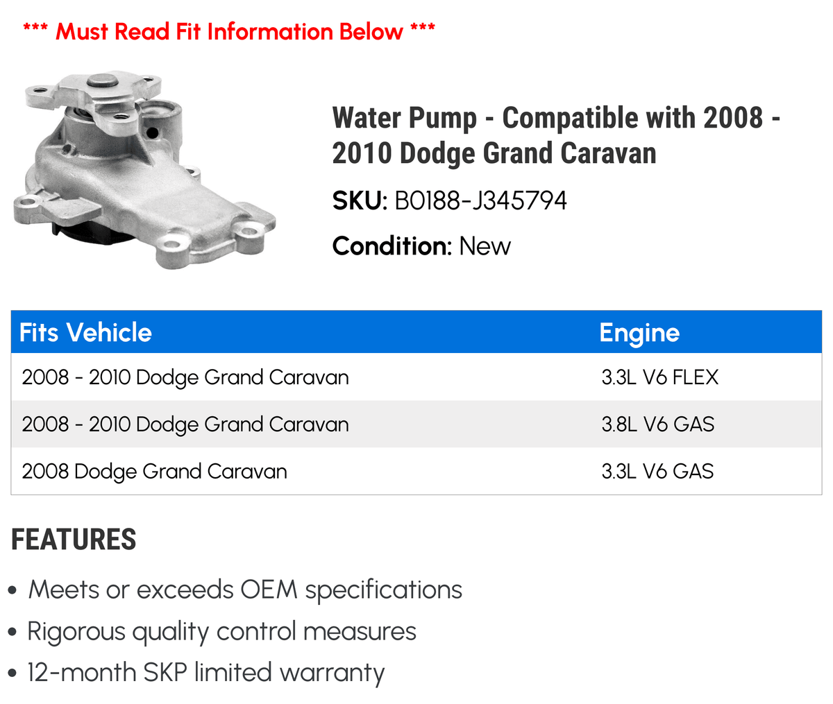Water Pump for 2008-2010 Dodge Grand Caravan C375