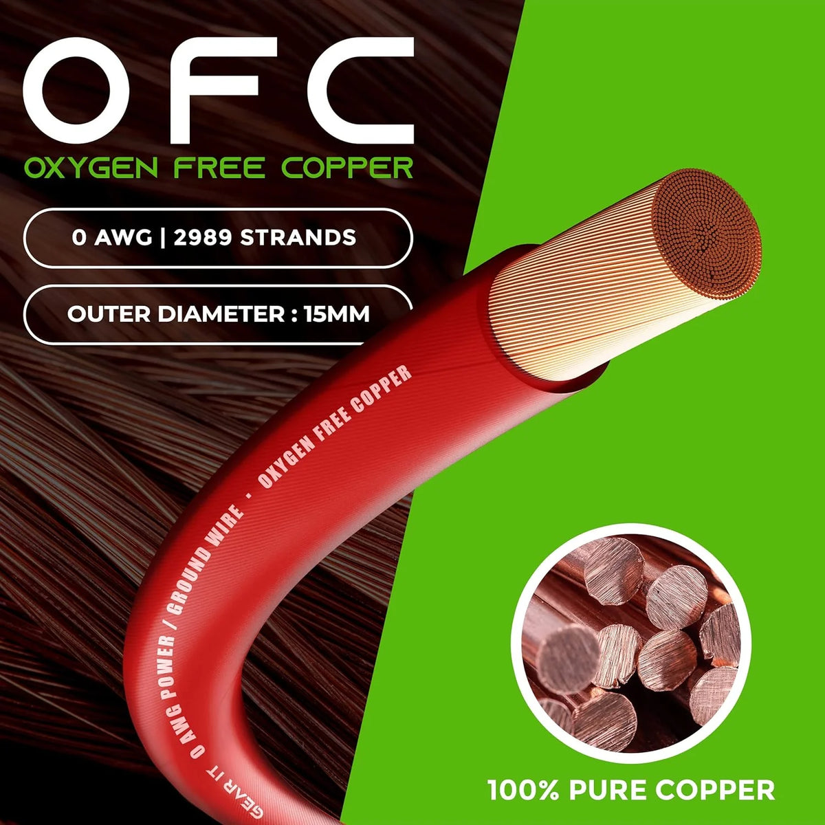 1/0 Gauge Oxygen Free Copper OFC 25ft Red Translucent Primary Automotive Wire W287