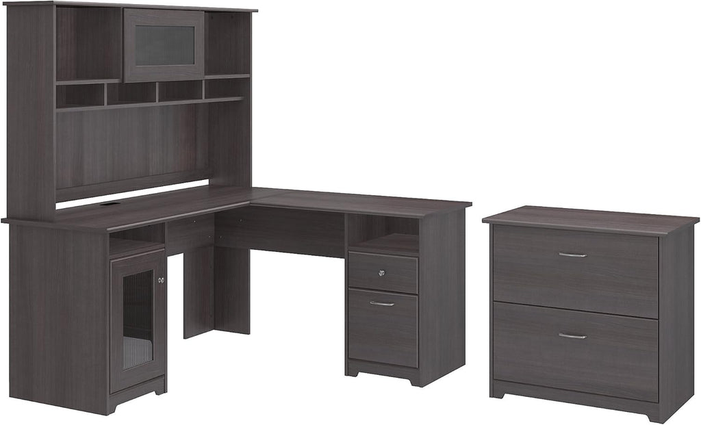 L Shaped Desk with Hutch and Lateral File Cabinet Y9098