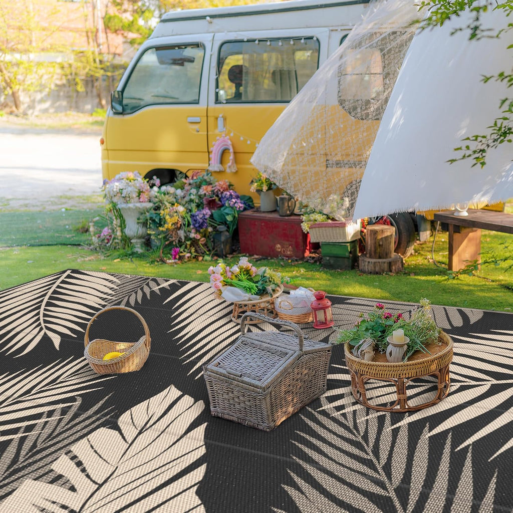9' x 18' Waterproof Reversible Outdoor Rug Black Beige O43111