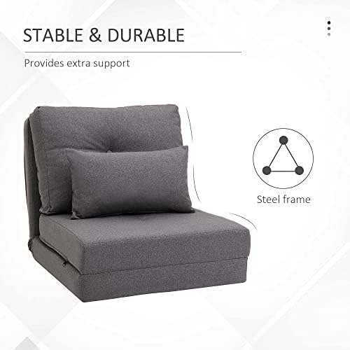 Convertible Flip Chair Floor Lazy Sofa Folding Upholstered Couch Bed with Adjustable Backrest Metal Frame and Pillows Dark Grey D7958