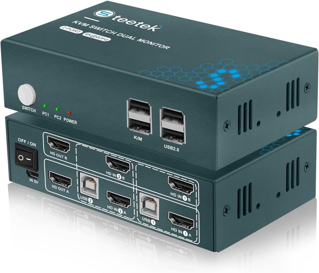 KVM Switch Dual Monitor 2 Port 4K@60Hz, HDMI, 2 in 2 Out, with 4 HDMI and 2 USB Cables D730