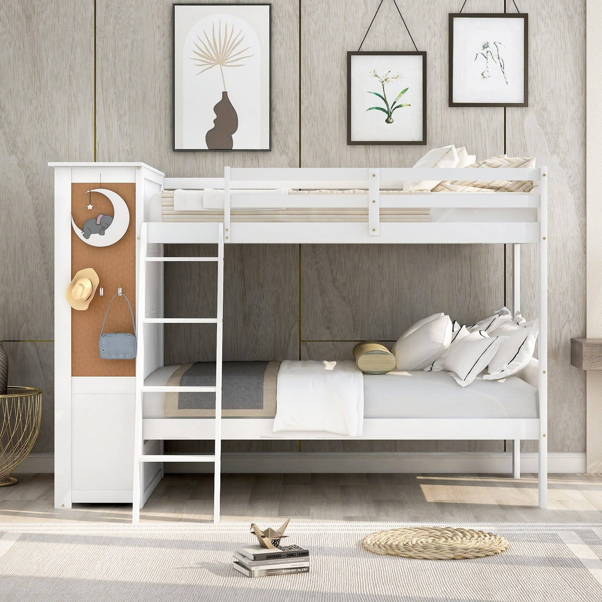 White Twin Over Twin Bunk Bed with Bookcase and 2 Drawers G8698