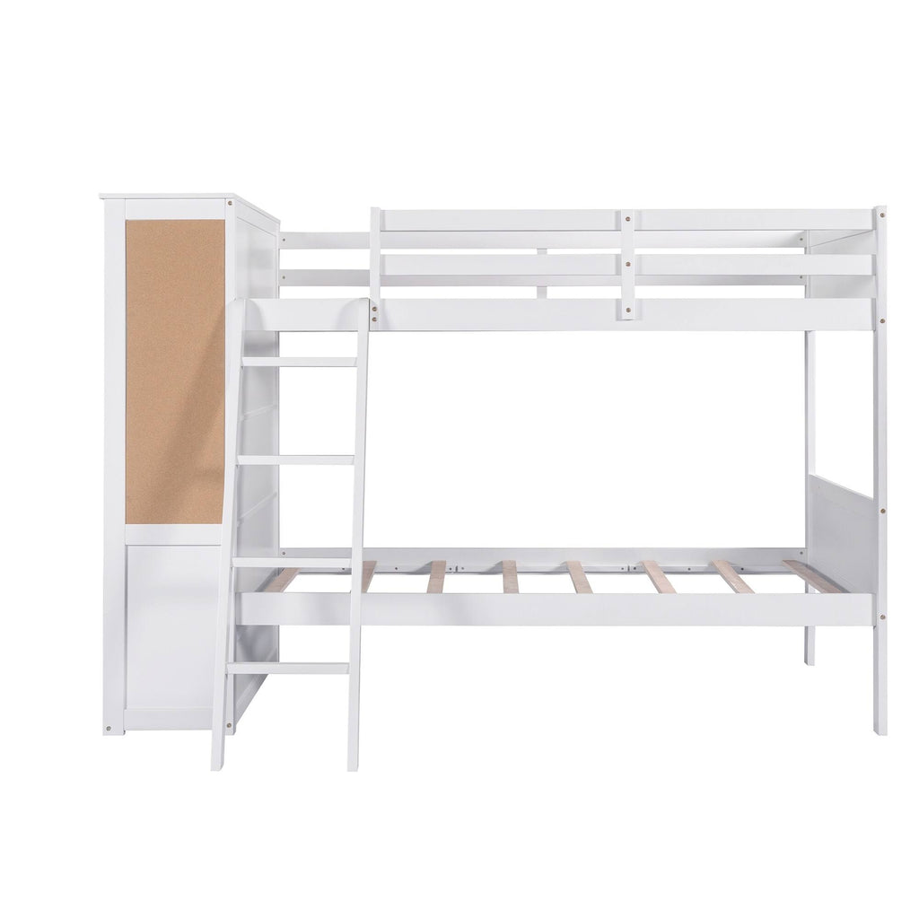 White Twin Over Twin Bunk Bed with Bookcase and 2 Drawers G8698
