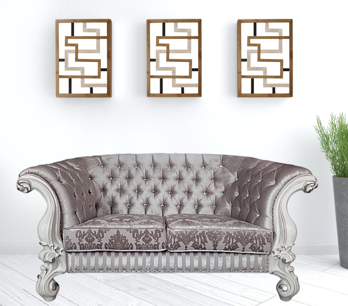 Ivory Velvet Love Seat Sofa with Toss Pillows S9149