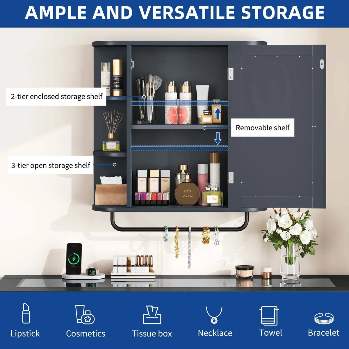 Blue Wall Bathroom Storage Medicine Cabinet with Adjustable Shelves and Towel Rack N390