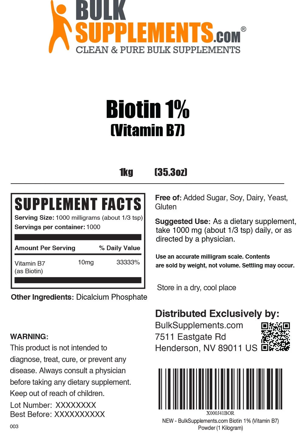 Biotin 1% (Vitamin B7) Powder 1 Kilogram K9244