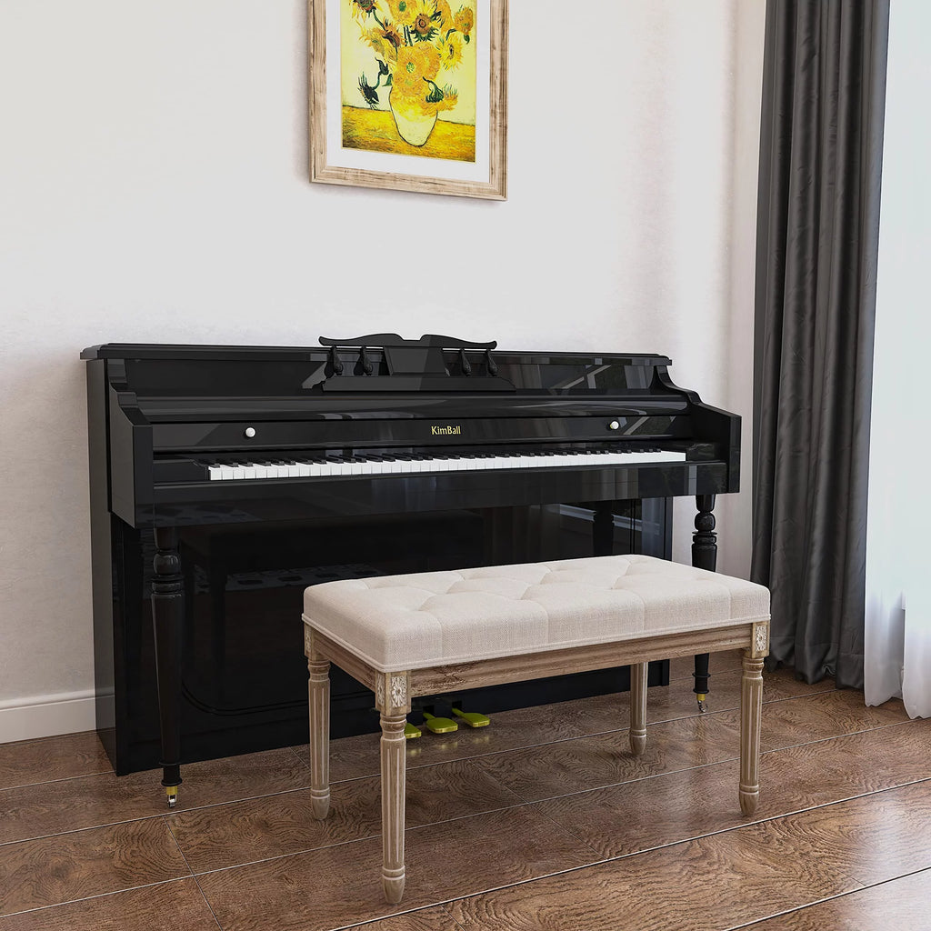 Beige Upholstered Bench with Carved Wood Legs I183838