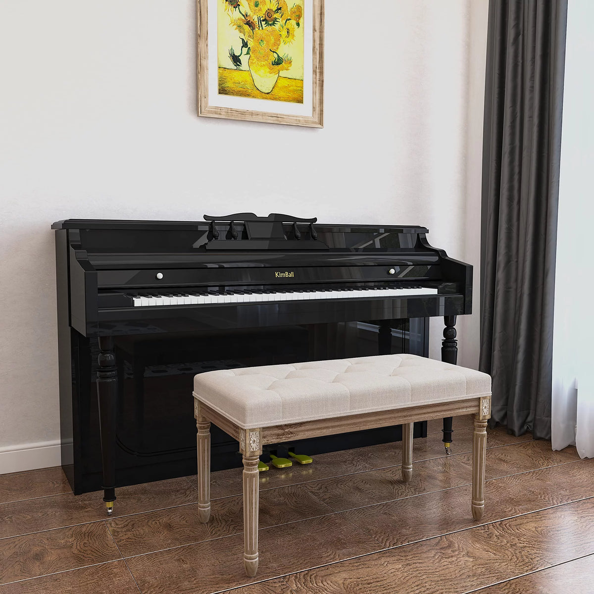 Beige Upholstered Bench with Carved Wood Legs I183838