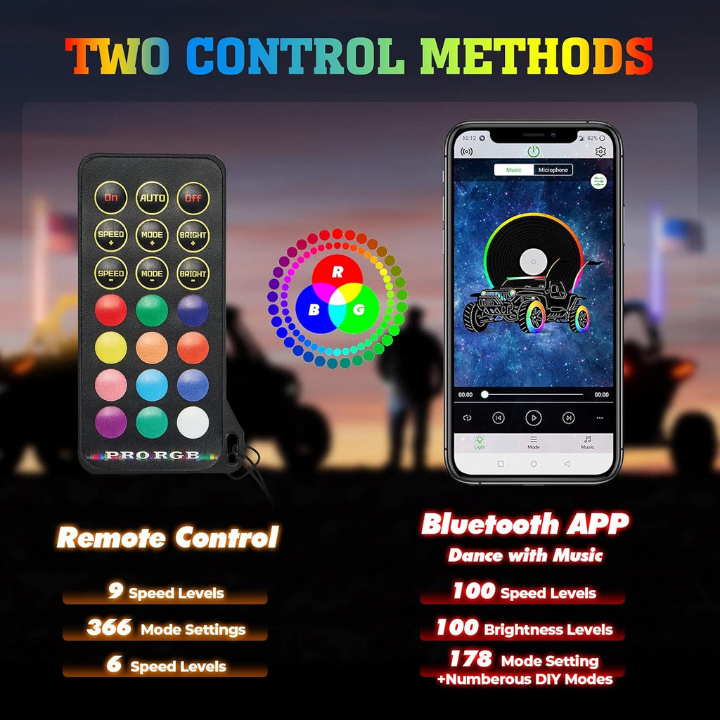 LED Whip Lights with Bluetooth and Flag Pole, 366+ Lighting Modes RGB, 2pcs 3ft V309