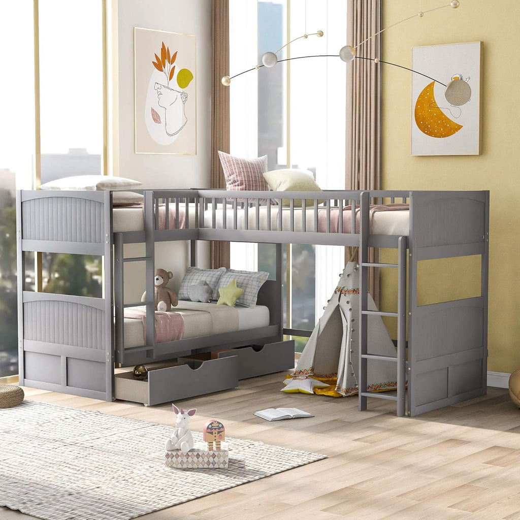 Gray Wooden Triple Bunk Beds with 2 Storage Drawers K4656