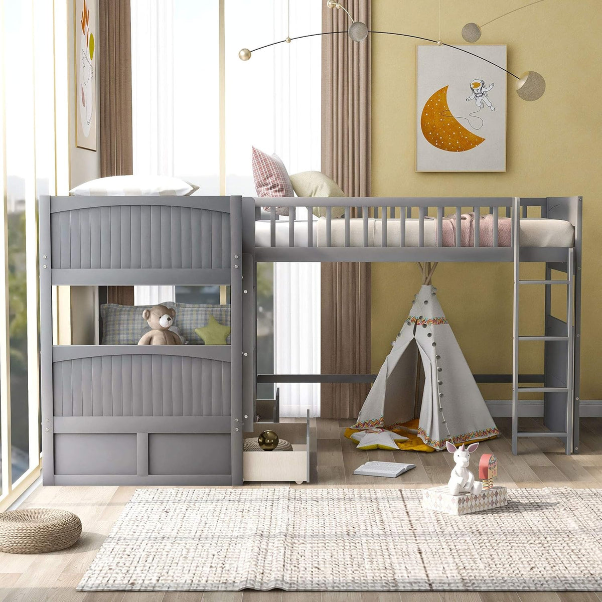 Gray Wooden Triple Bunk Beds with 2 Storage Drawers K4656
