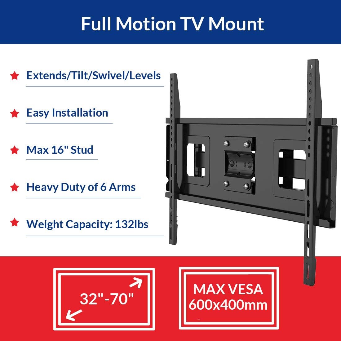 32-70 Inch Articulating Full Motion Swivel Tilt TV Wall Mount Bracket 18 Inches Arm Max VESA 600x400mm 132 lbs with 10ft HDMI Cable Pack of 2 Q75626