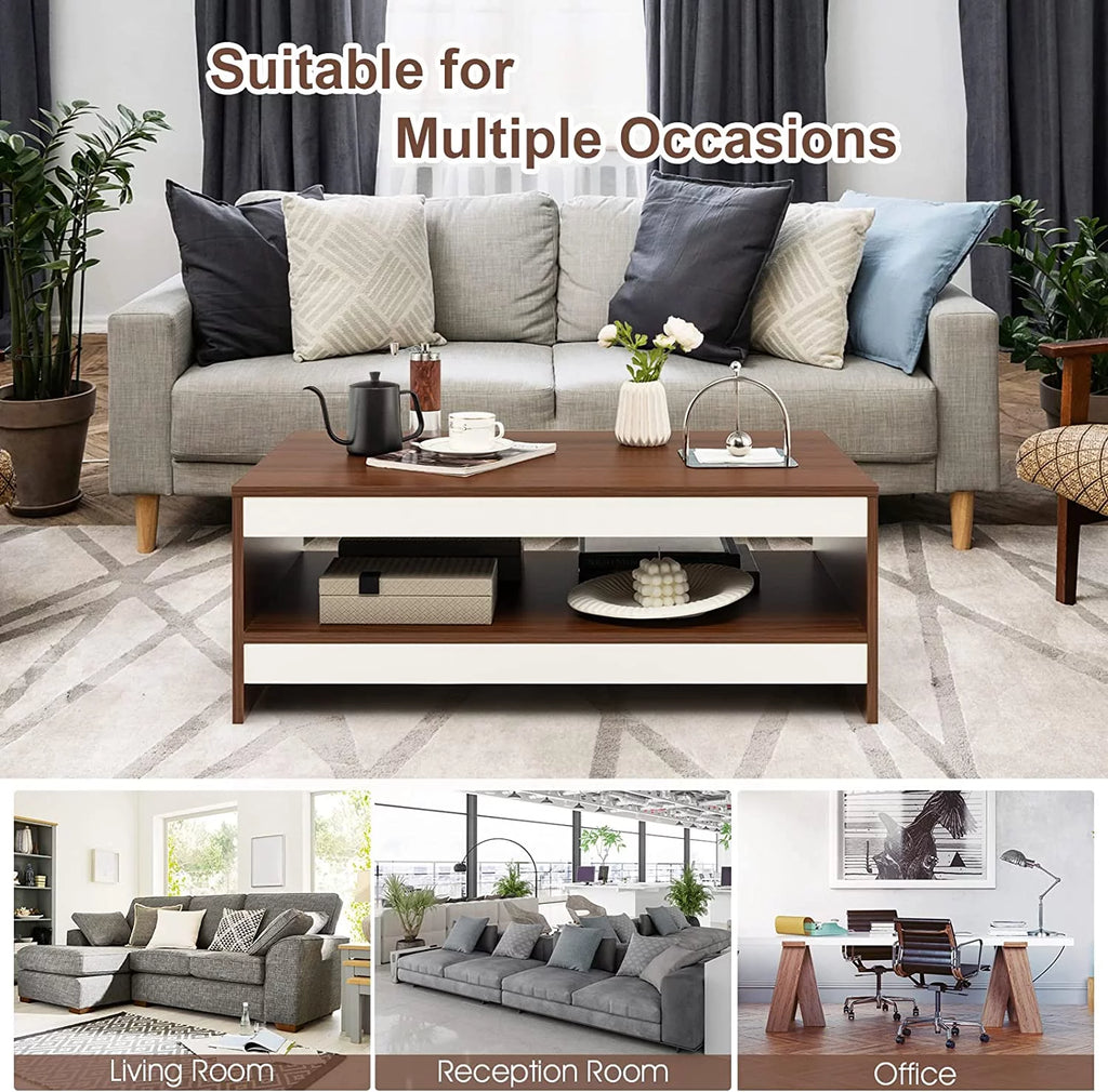 37 Inch Two-Tier Wooden Coffee Table with Storage Shelf E6038