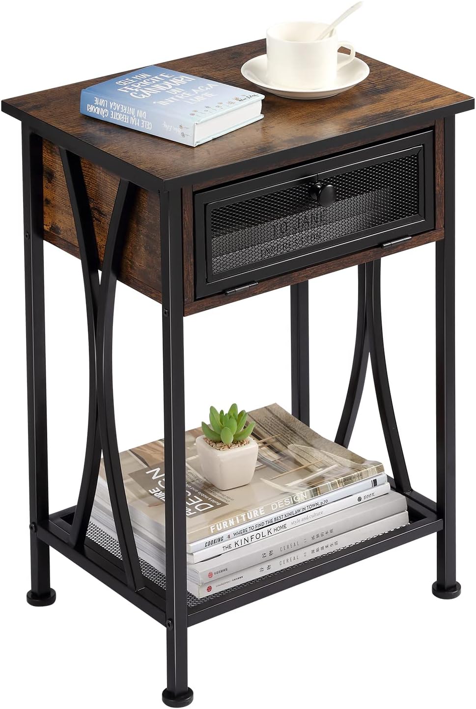Rustic Brown Nightstand with Storage Cabinet and Shelf A671