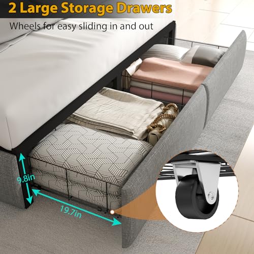 Gray Full Size Upholstered Bed Frame with 4 Storage Drawers and LED Lights N55373