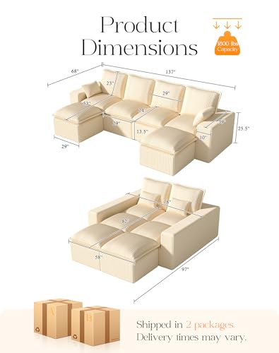 Modular Sectional Sofa with L-Shape Chaise, Soft Corduroy Black U465
