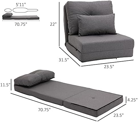 Convertible Flip Chair Floor Lazy Sofa Folding Upholstered Couch Bed with Adjustable Backrest Metal Frame and Pillows Dark Grey D7958