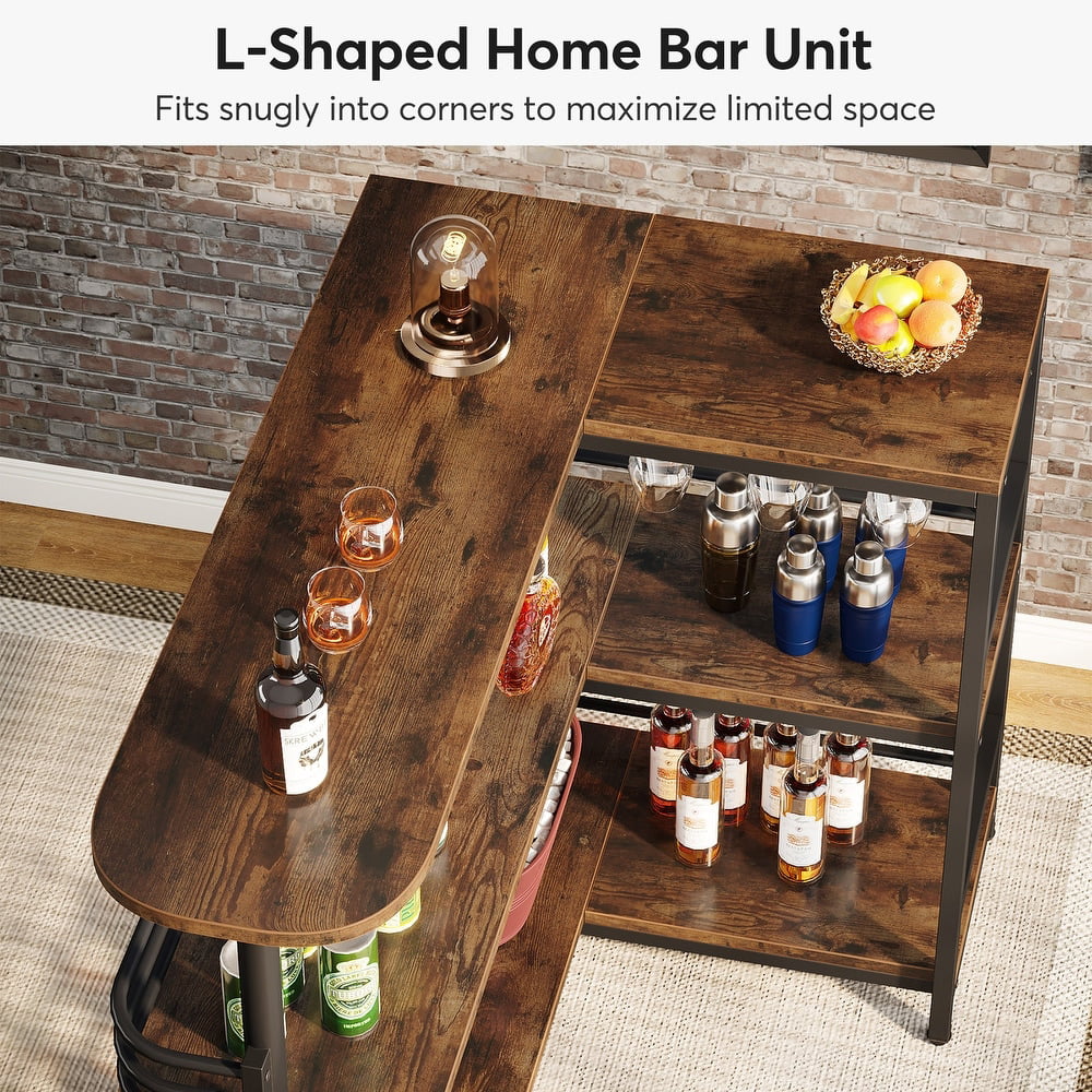L-Shaped 3 Tier Liquor Bar Table with Storage Shelves and Wine Glasses Holder W468