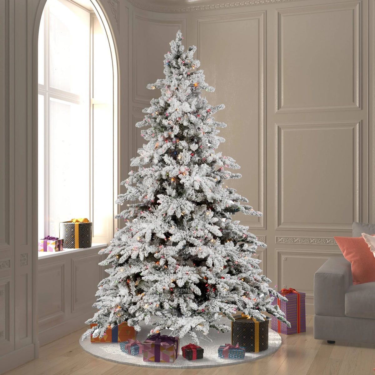 7.5 ft Flocked Utica Tree with 850 Multicolor Lights T51458