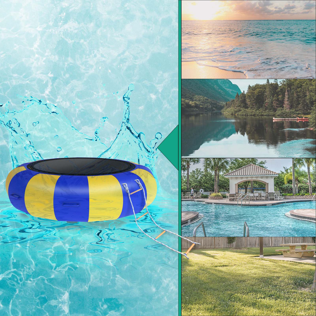Blue & Yellow 10FT Inflatable Water Trampoline with 4-Step Ladder C576