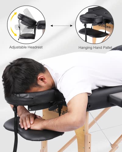 Portable Massage Table Wooden Frame Height Adjustment Black 3-Section T5266